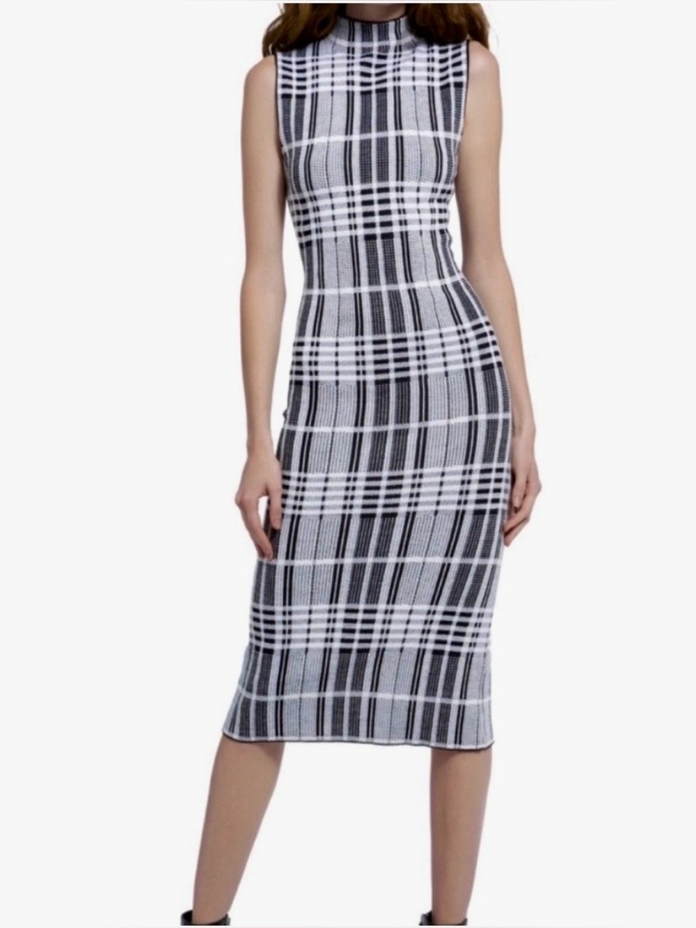 Alice + Olivia Mock Neck Plaid Sleeveless Wool Midi Dress Black Cream XS